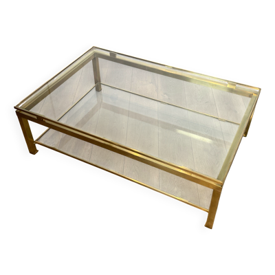 Table basse moderniste en laiton et plateaux de verre de Guy Lefèvre pour la Maison Jansen