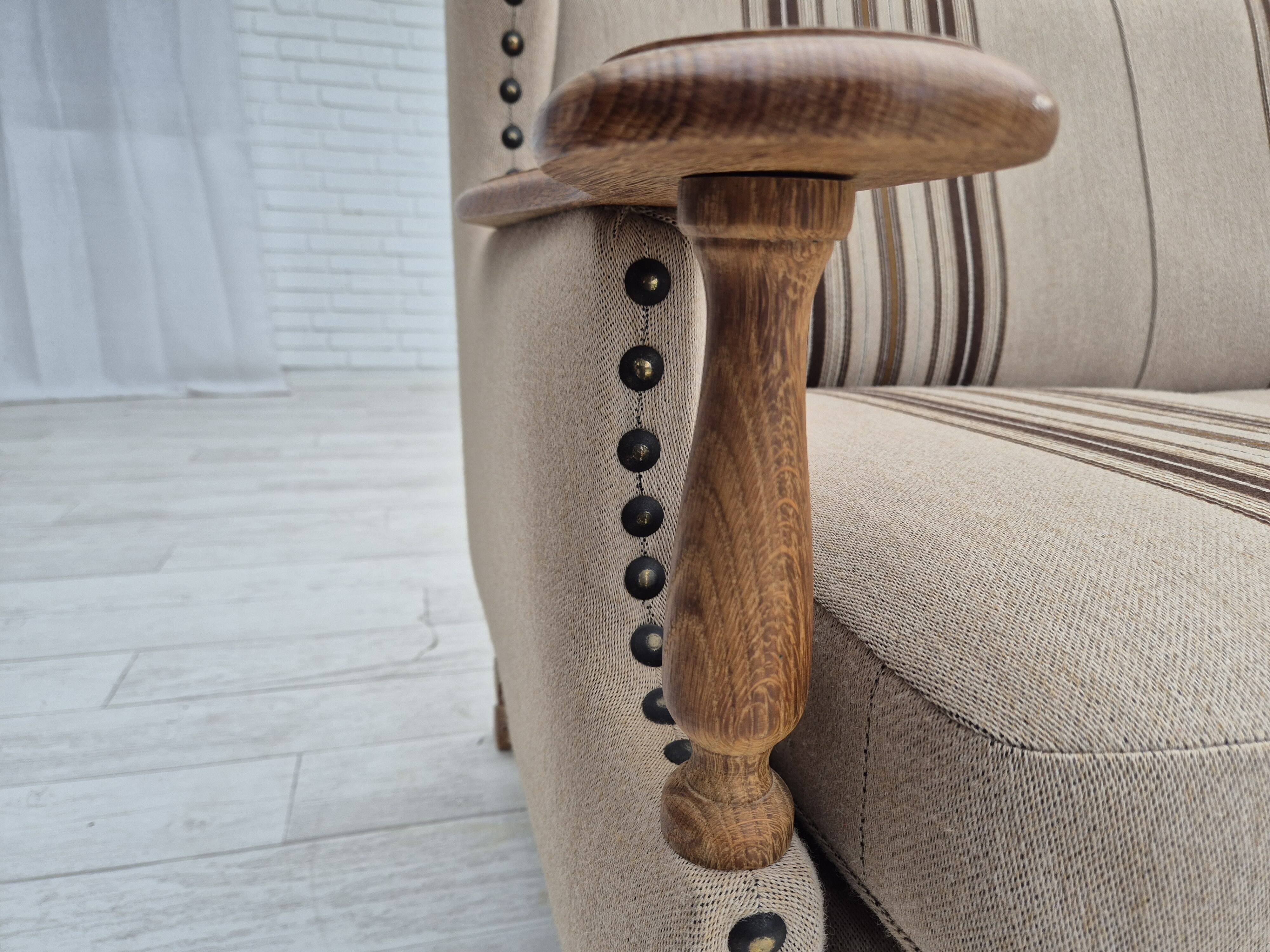 1970s, Danish 3-seater sofa, furniture wool fabric, oak wood, original.