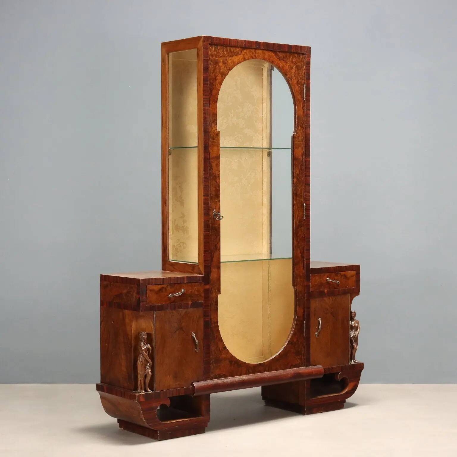 Vintage display cabinet in burl veneer, design, Italy, 1920s-1930s