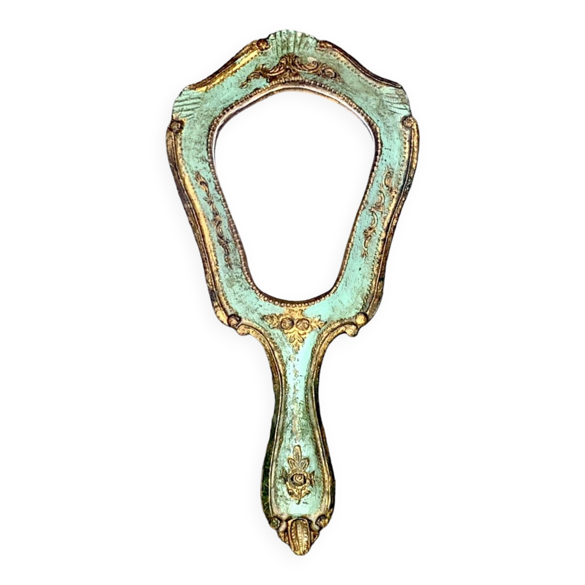 Old Florentine style carved wooden hand mirror