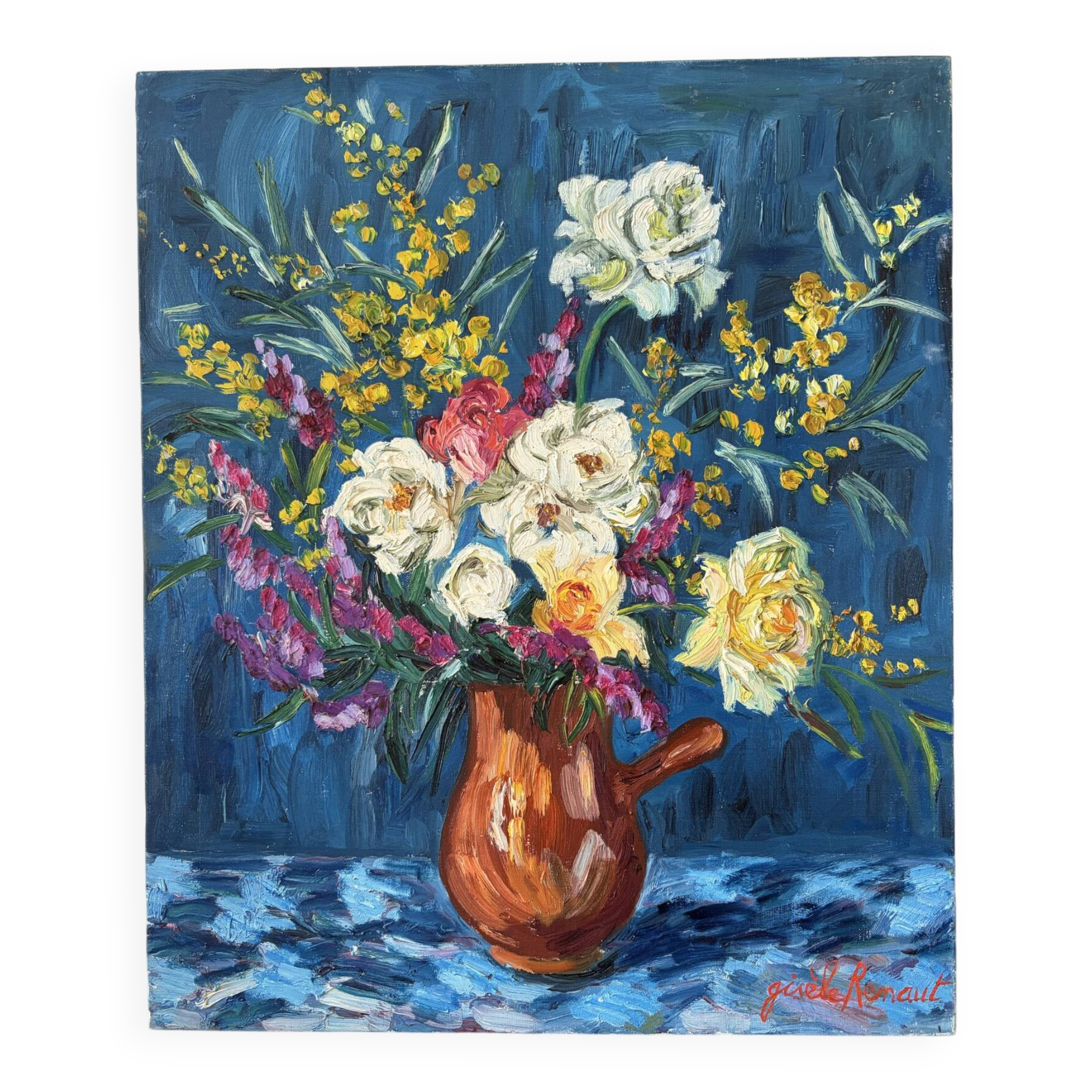 Bouquet on a blue background, oil on canvas signed Gisèle Renaut.