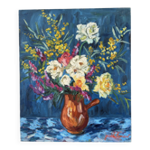 Bouquet sur fond bleu, huile sur toile signée Gisèle Renaut