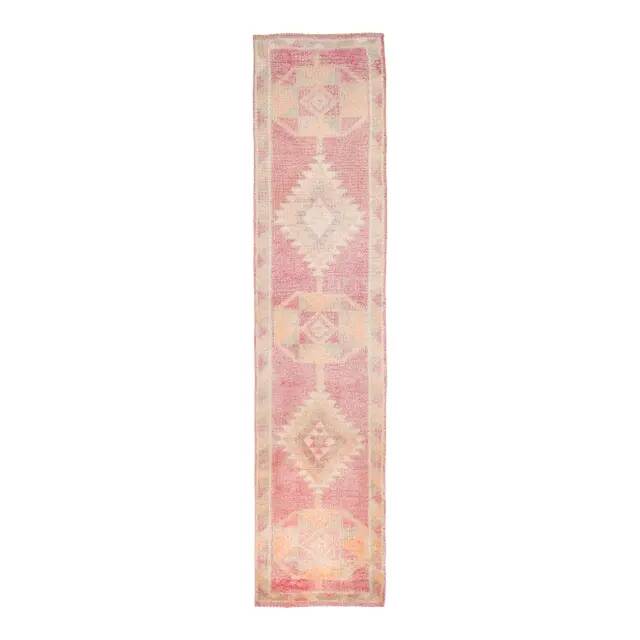 Vintage Turkish Hand-Knotted Wool Cotton Pink Runner Rug 80x365