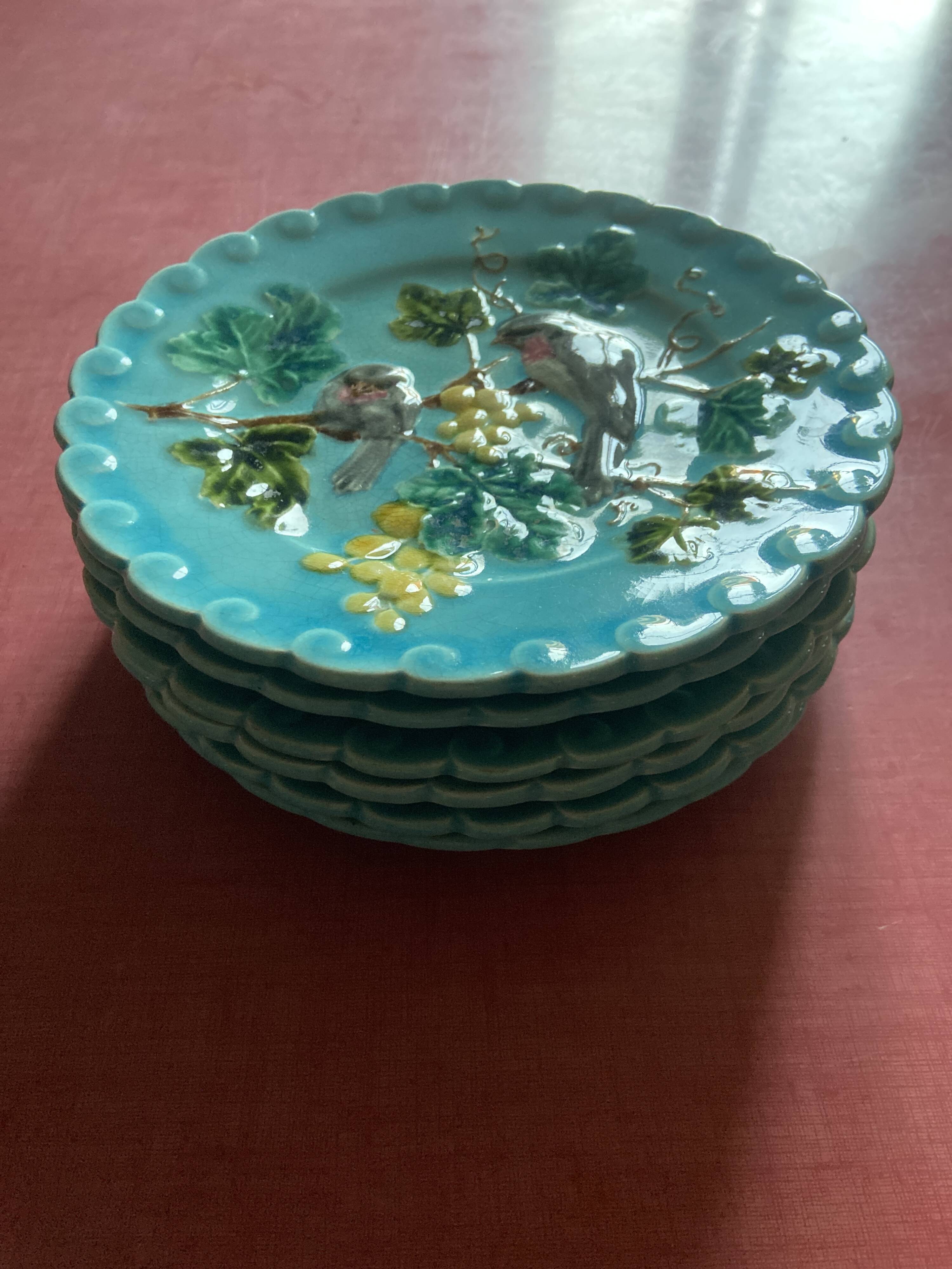 Set of 6 Barbotine Plates Sarreguemines Turquoise - Birds & Fruit