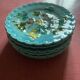 Set of 6 Barbotine Plates Sarreguemines Turquoise - Birds & Fruit