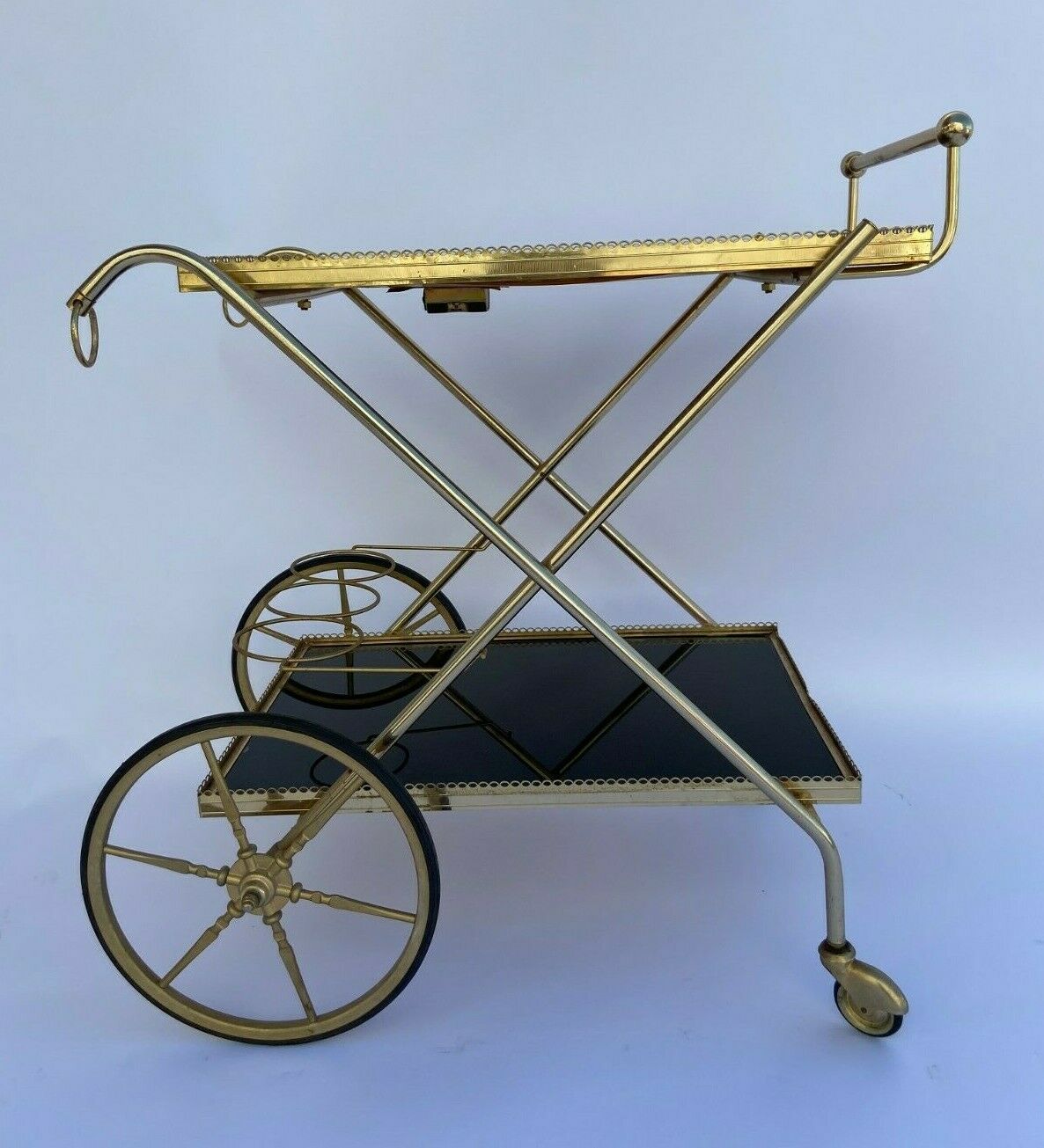 Vintage 1960's bar rolling table smoked glass gilded metal
