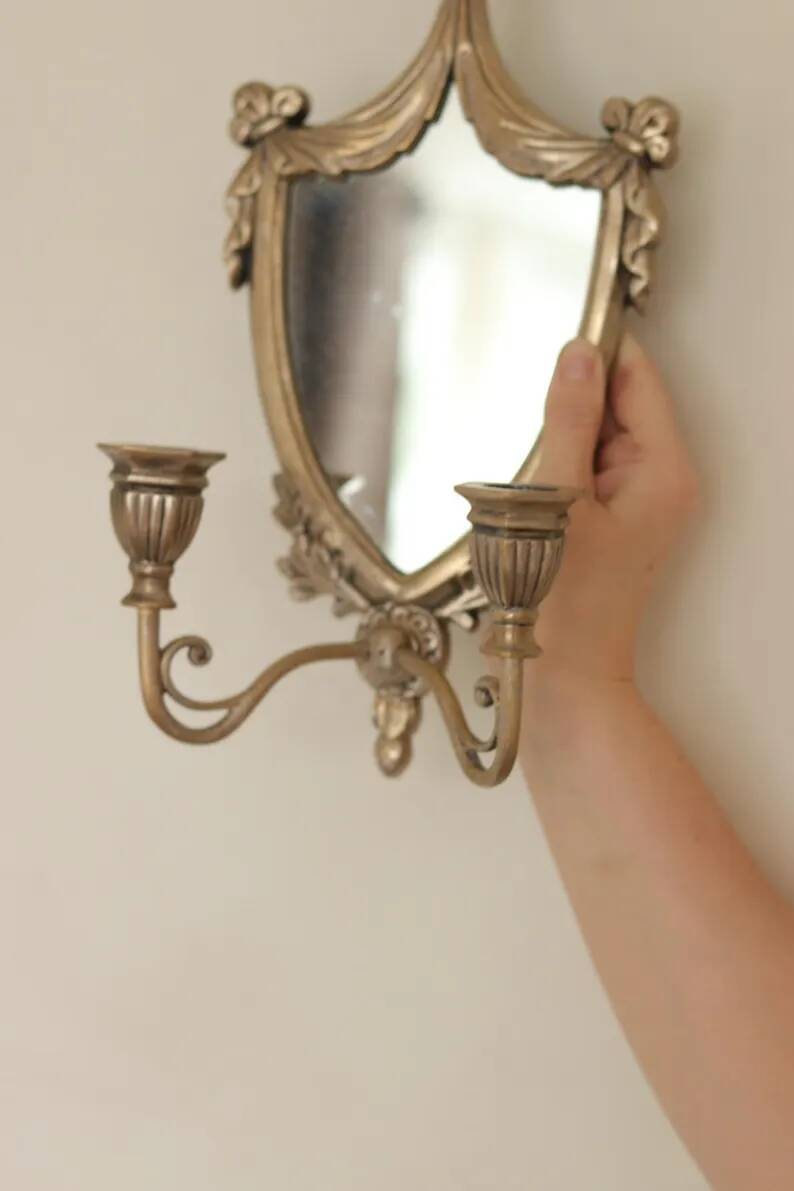 Pair of Vintage Double Arm Italian Brass Sconces with Mirror