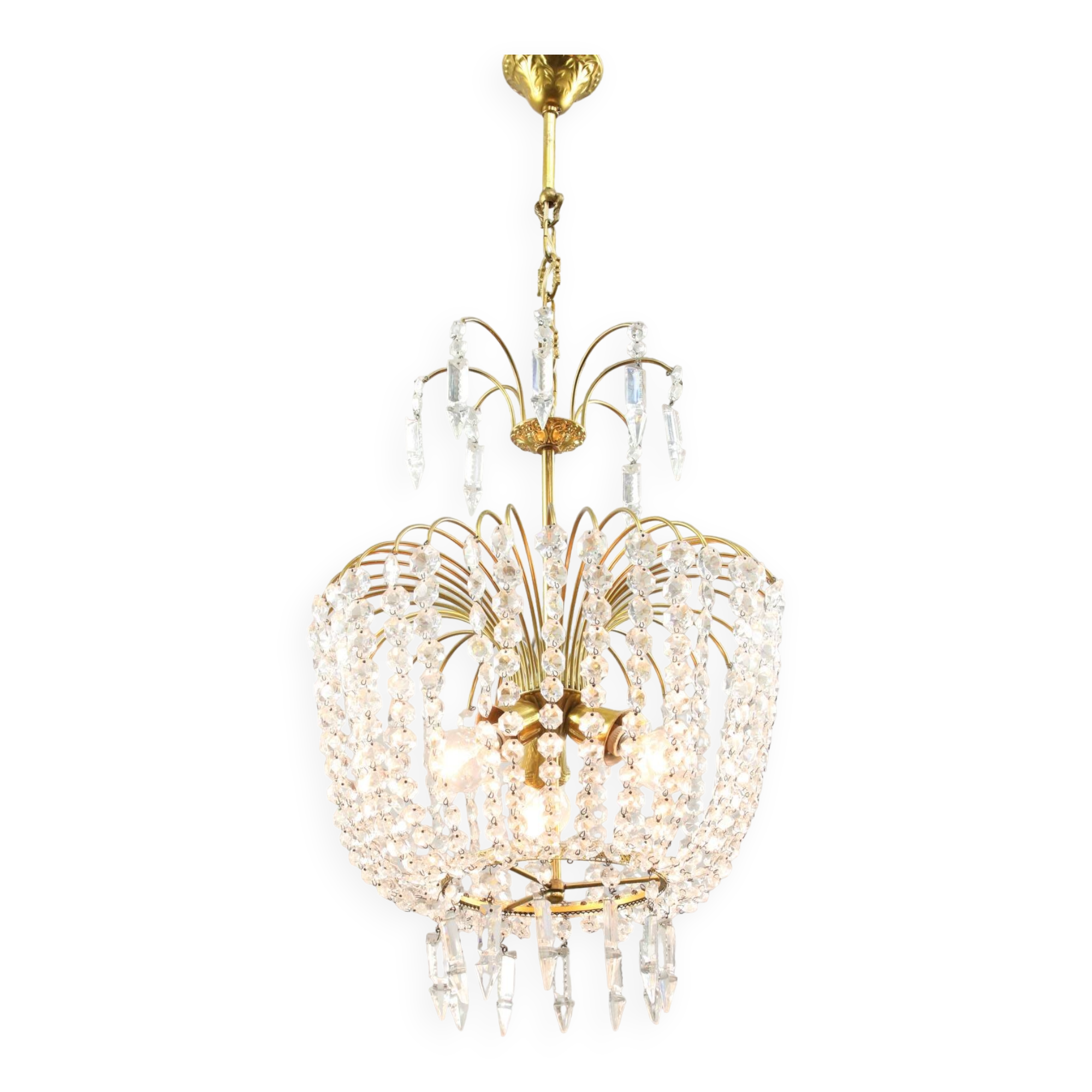 Vintage Italian Crystal and Gilt Metal Chandelier, 1980s
