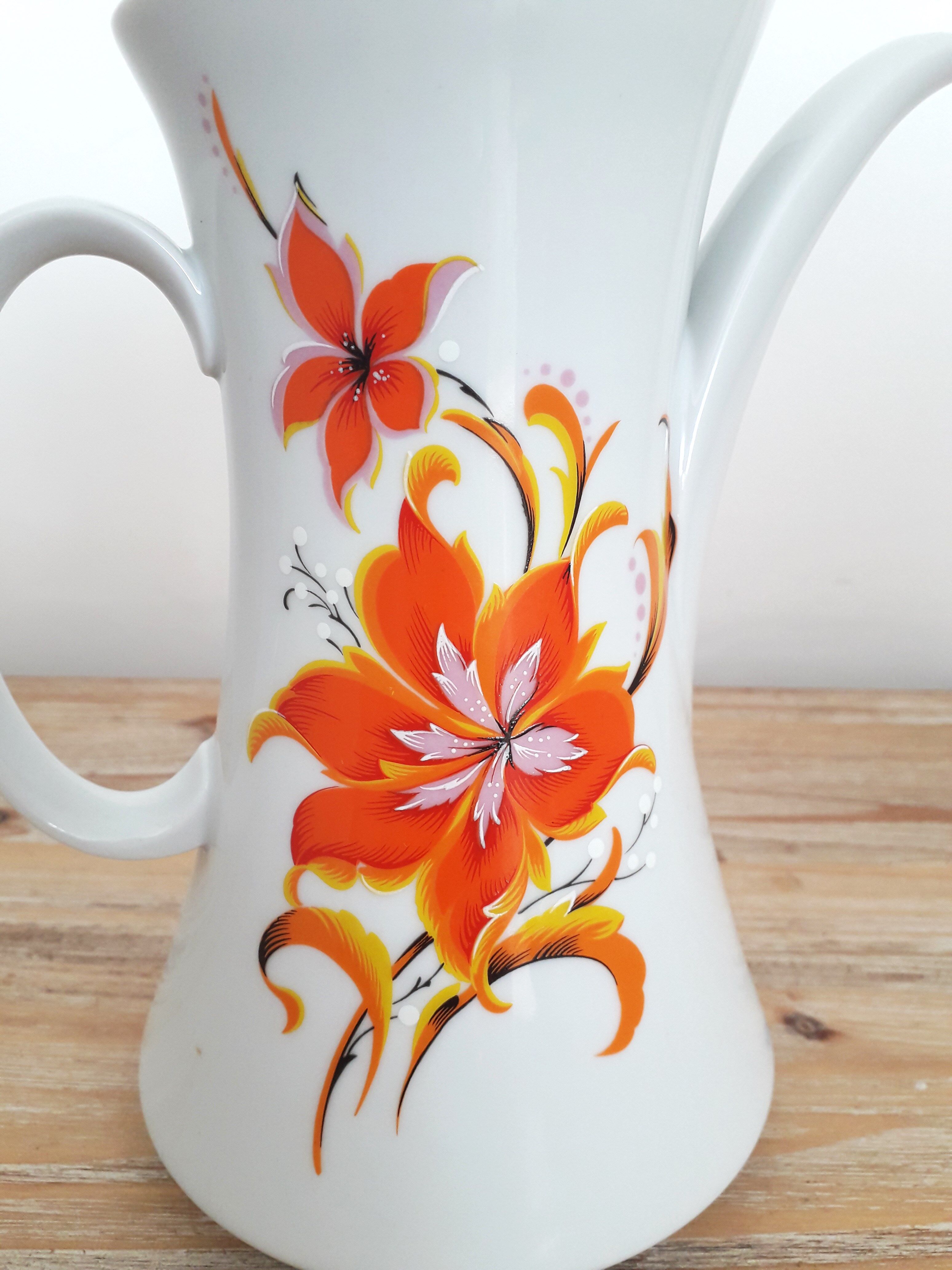 Vintage teapot / coffee maker - Bavarian porcelain - Orange flower décor - 1970