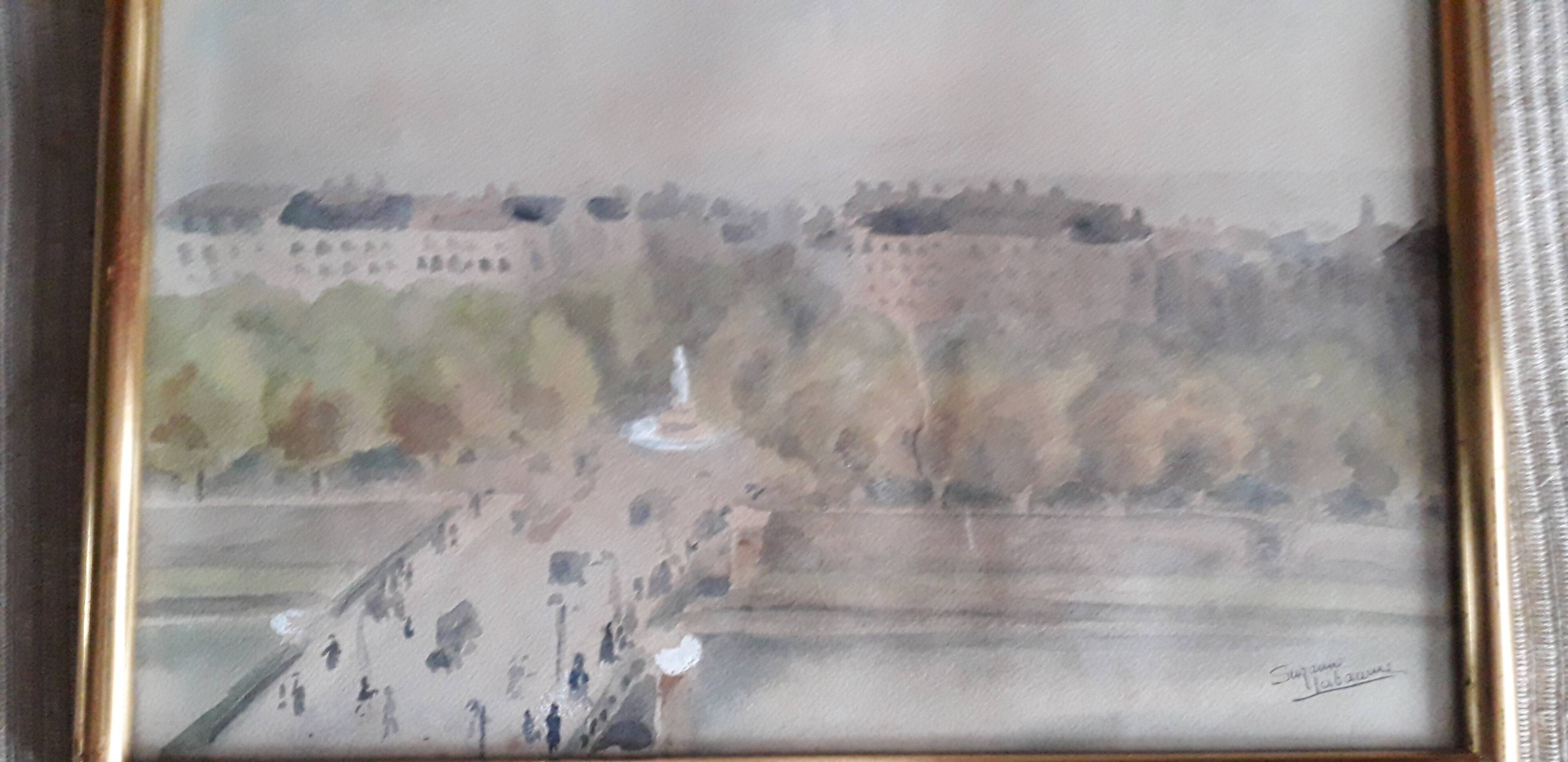 Old painting representing a Paris bridge