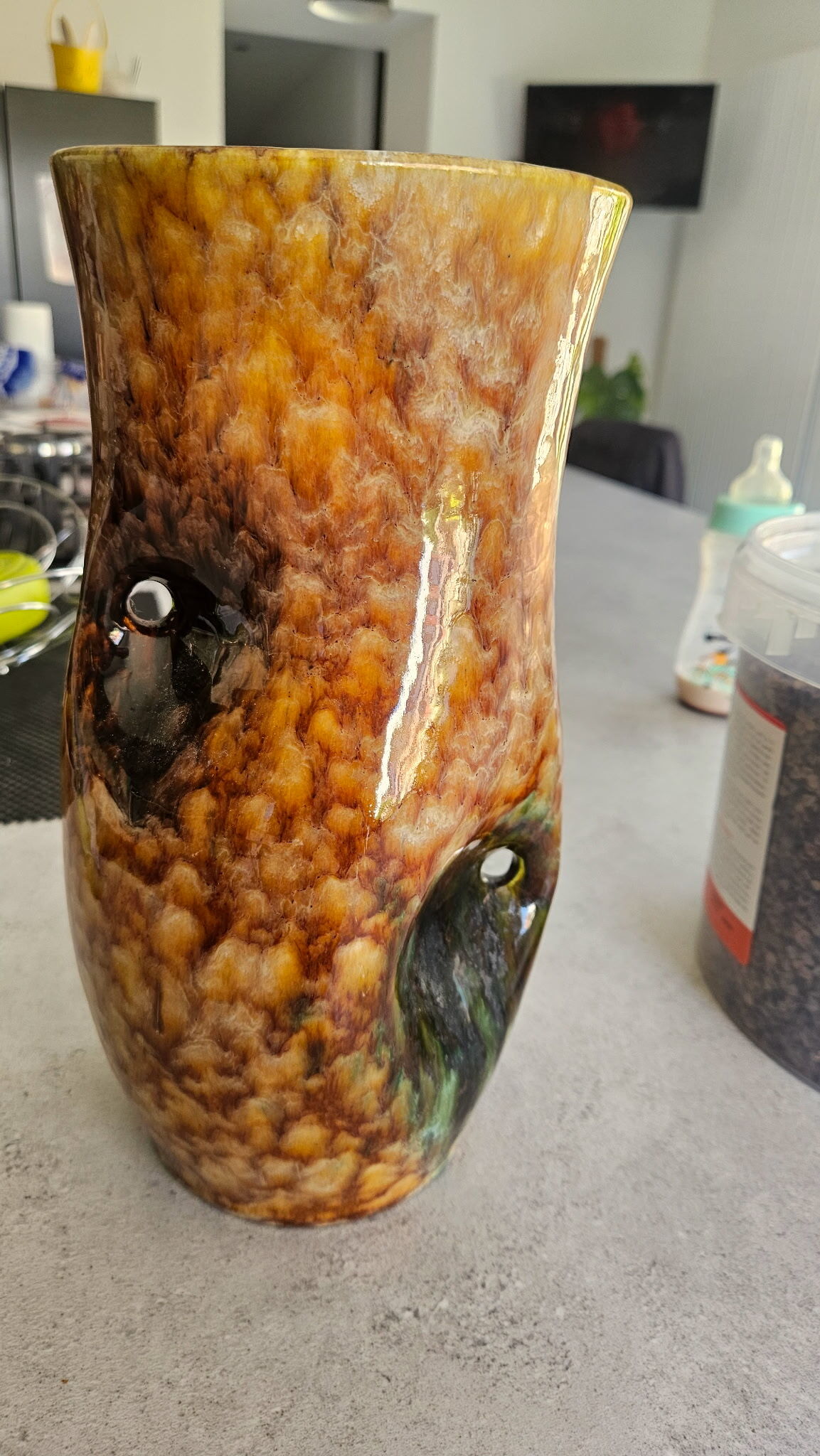 Vintage organic ceramic vase with a flamed glaze – Signed Accolay