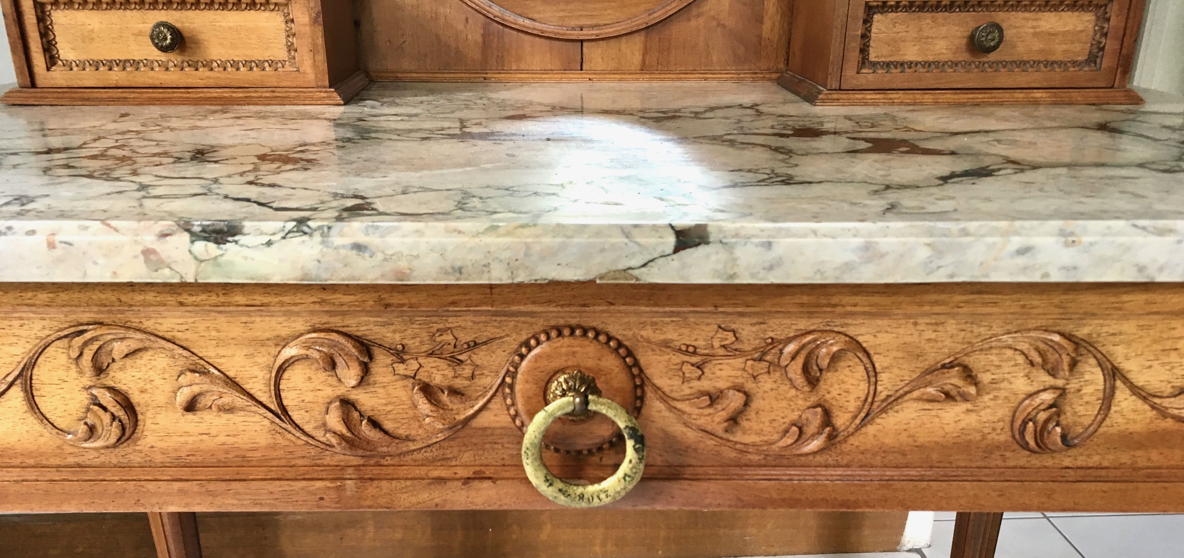 Coiffeuse années 50 bois sculpté et marbre