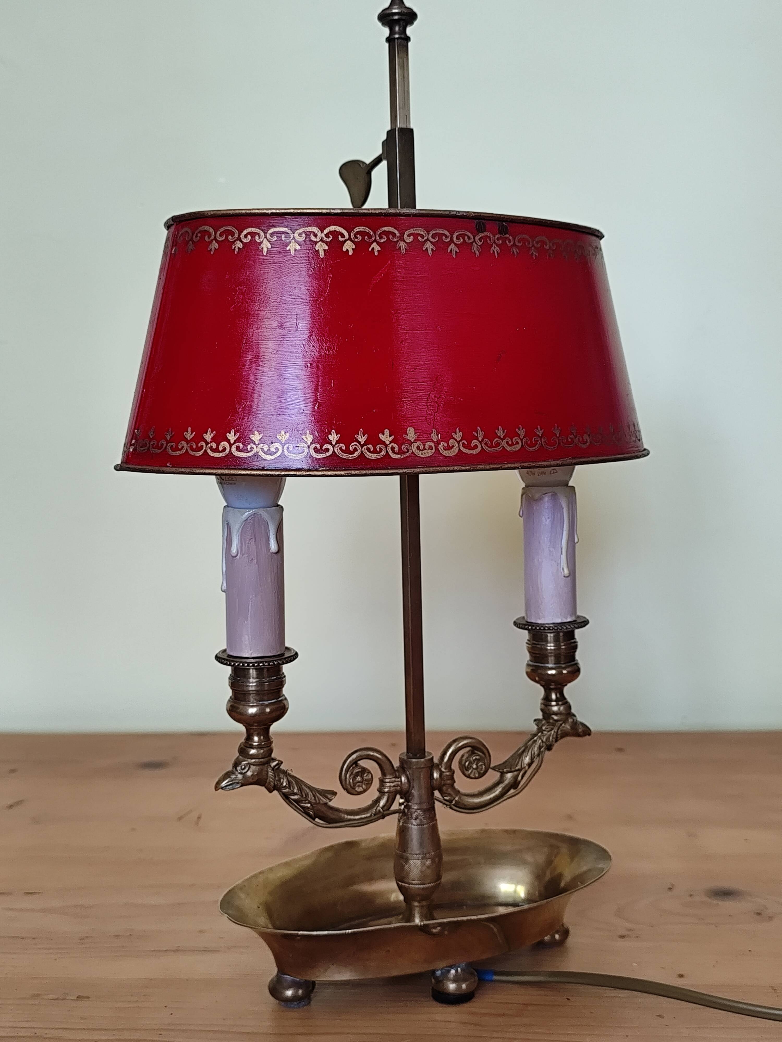 bronze and brass 2-bulb bouillotte lamp, red desk lamp