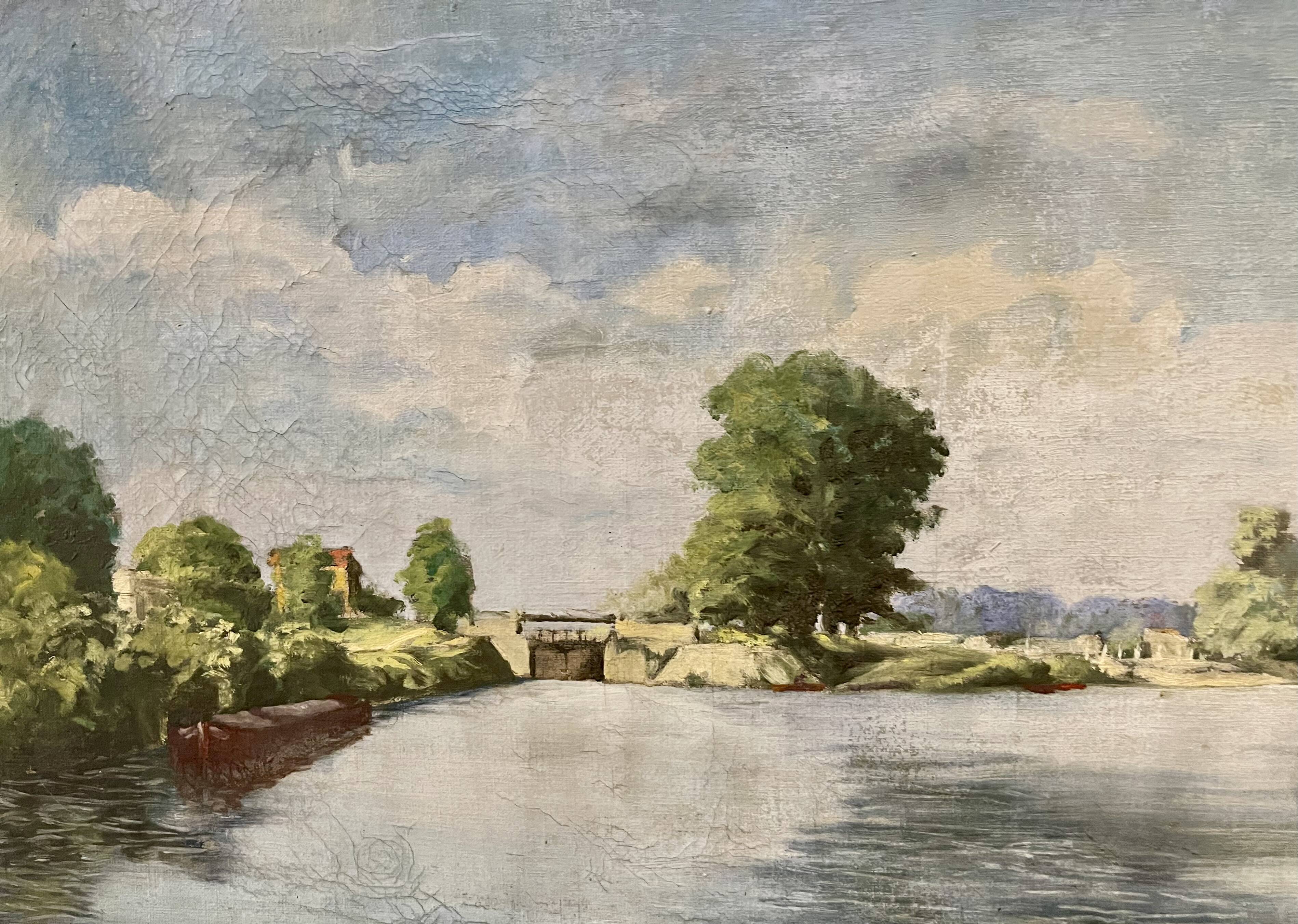 Painting of the lock and the beach of Neuilly Sur Marne signed by Bern 1948