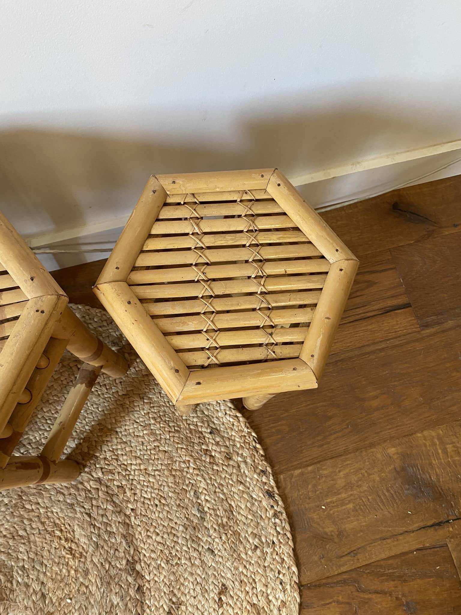 Set of three vintage rattan side tables.