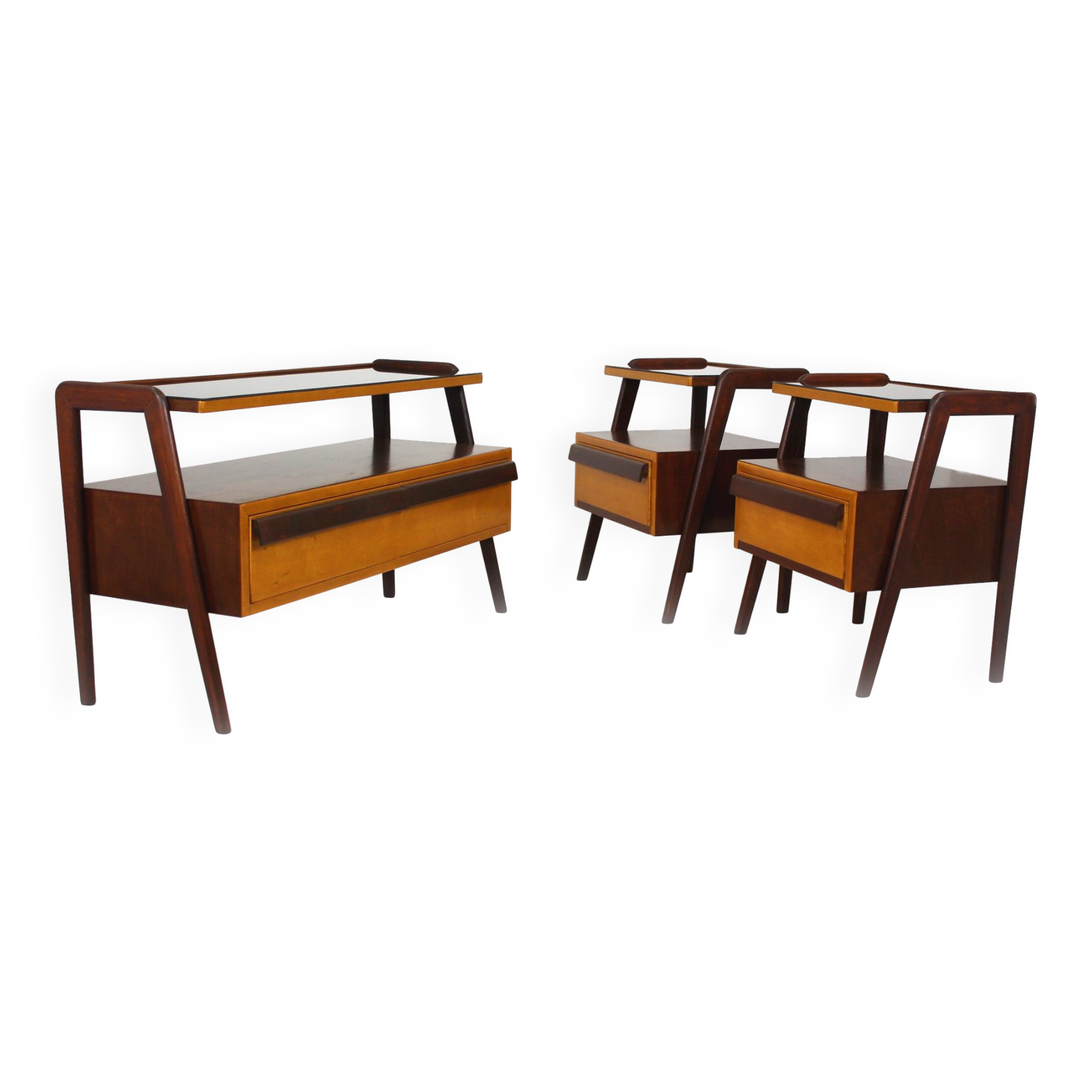 Restored Mid-Century Modern Czech Nightstands and Cabinet, Jitona, 1960s