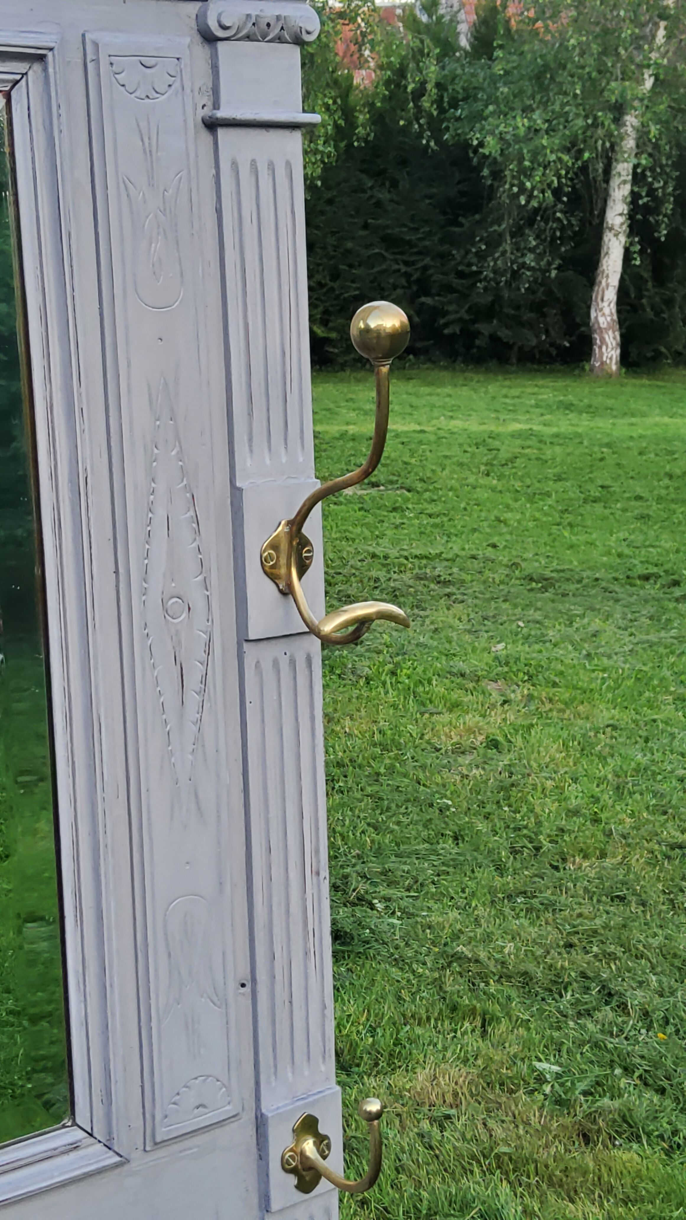 1900s coat rack patina gray mirror brass hooks