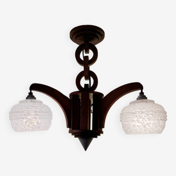 Art Deco chandelier in wood and glass from Clichy