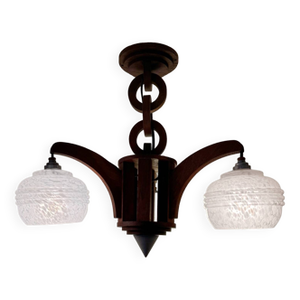 Art Deco chandelier in wood and glass from Clichy