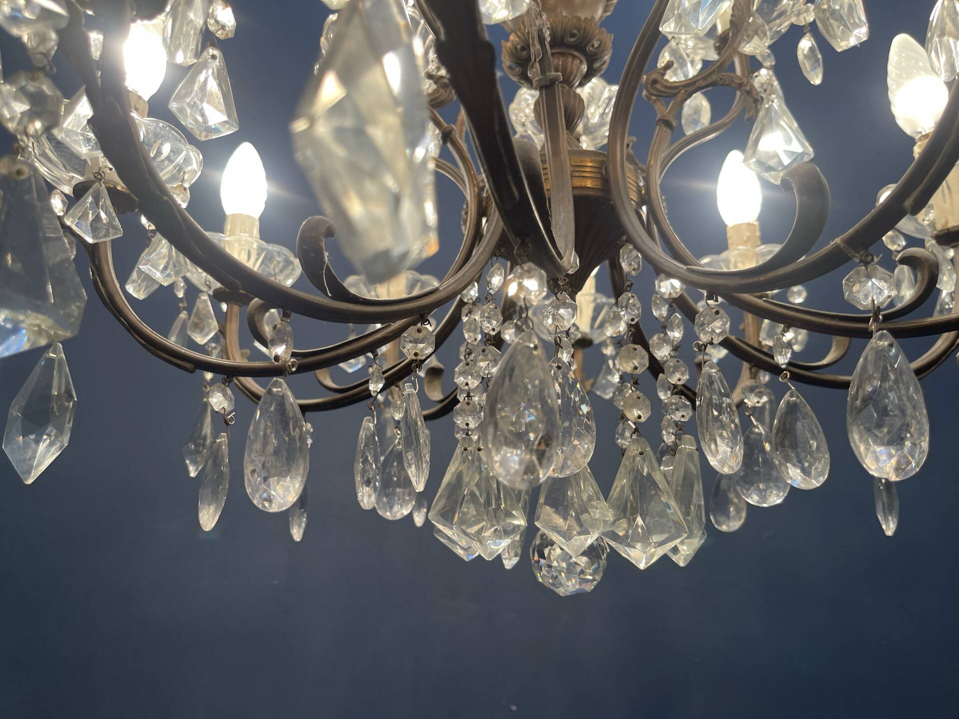 Vintage Bronze & Crystal Chandelier, 15 Lights, 1950s