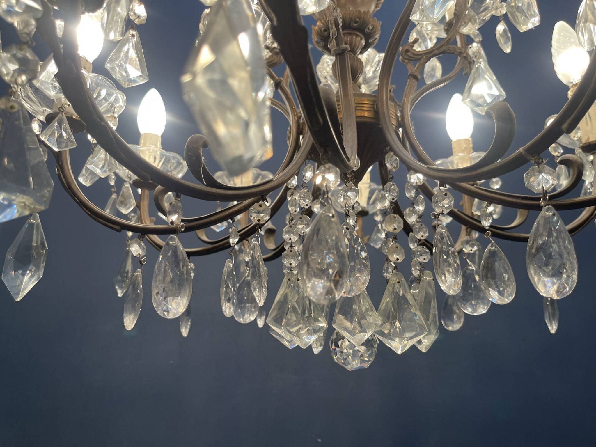 Vintage Bronze & Crystal Chandelier, 15 Lights, 1950s