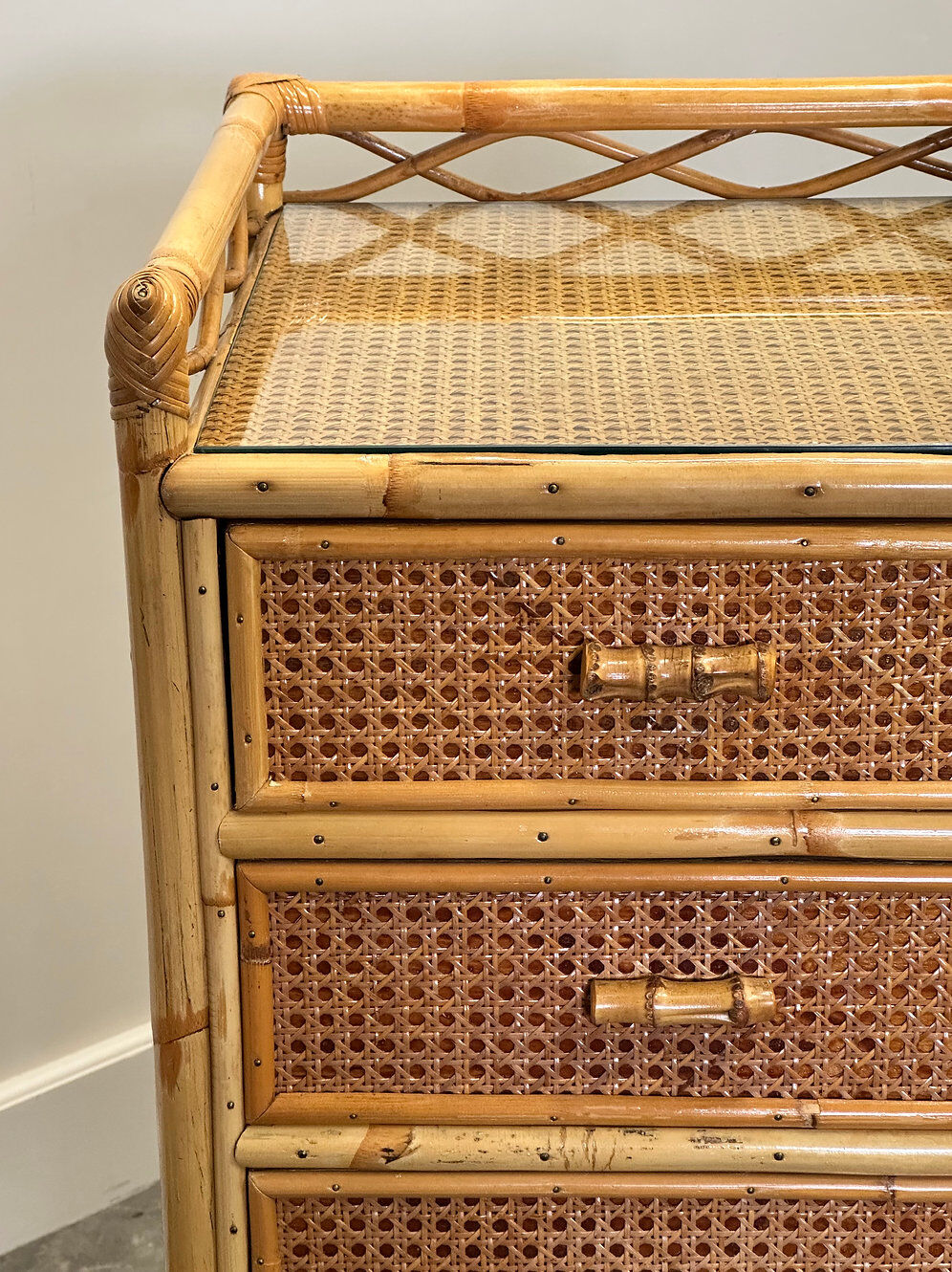Mid-century rattan highboy / tallboy chest of drawers by Angraves, England, 1970