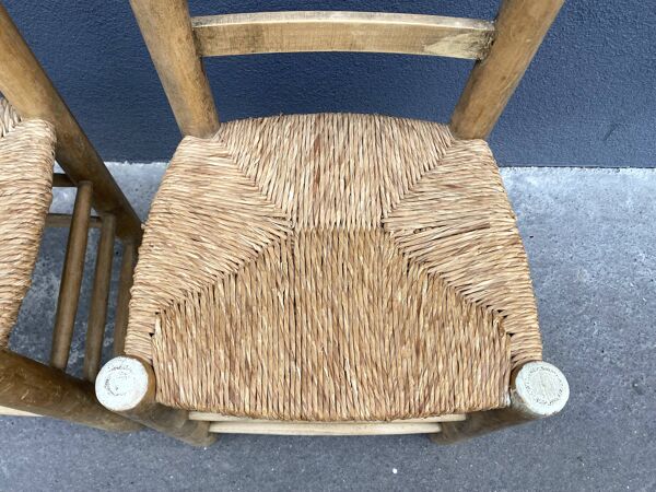Lot de 2 chaises en bois brut et paille années 50