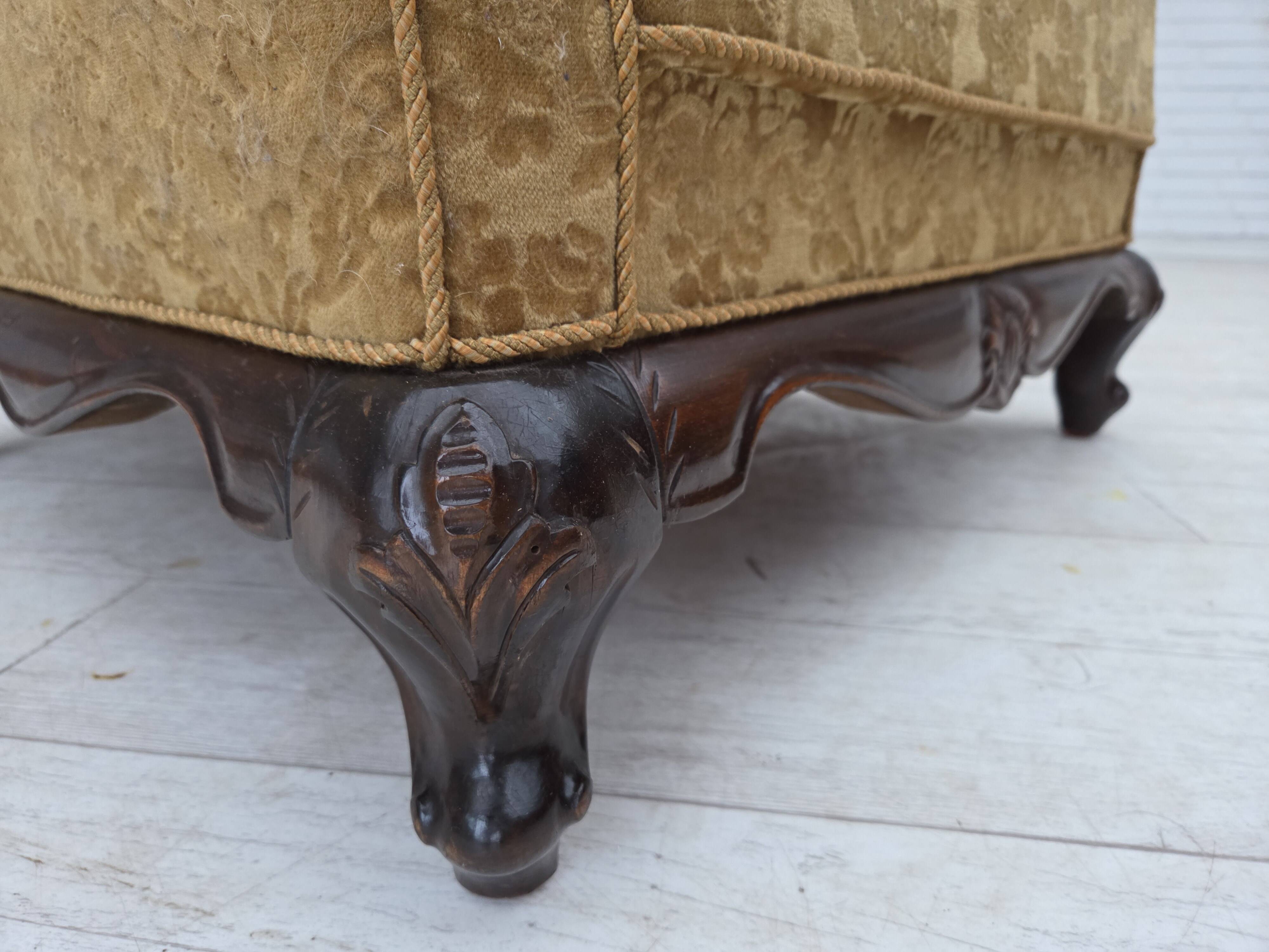 1950s, Danish relax armchair, furniture velour, carved oak wood.