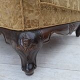 1950s, Danish relax armchair, furniture velour, carved oak wood.