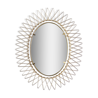Miroir soleil doré ovale en métal, années 60