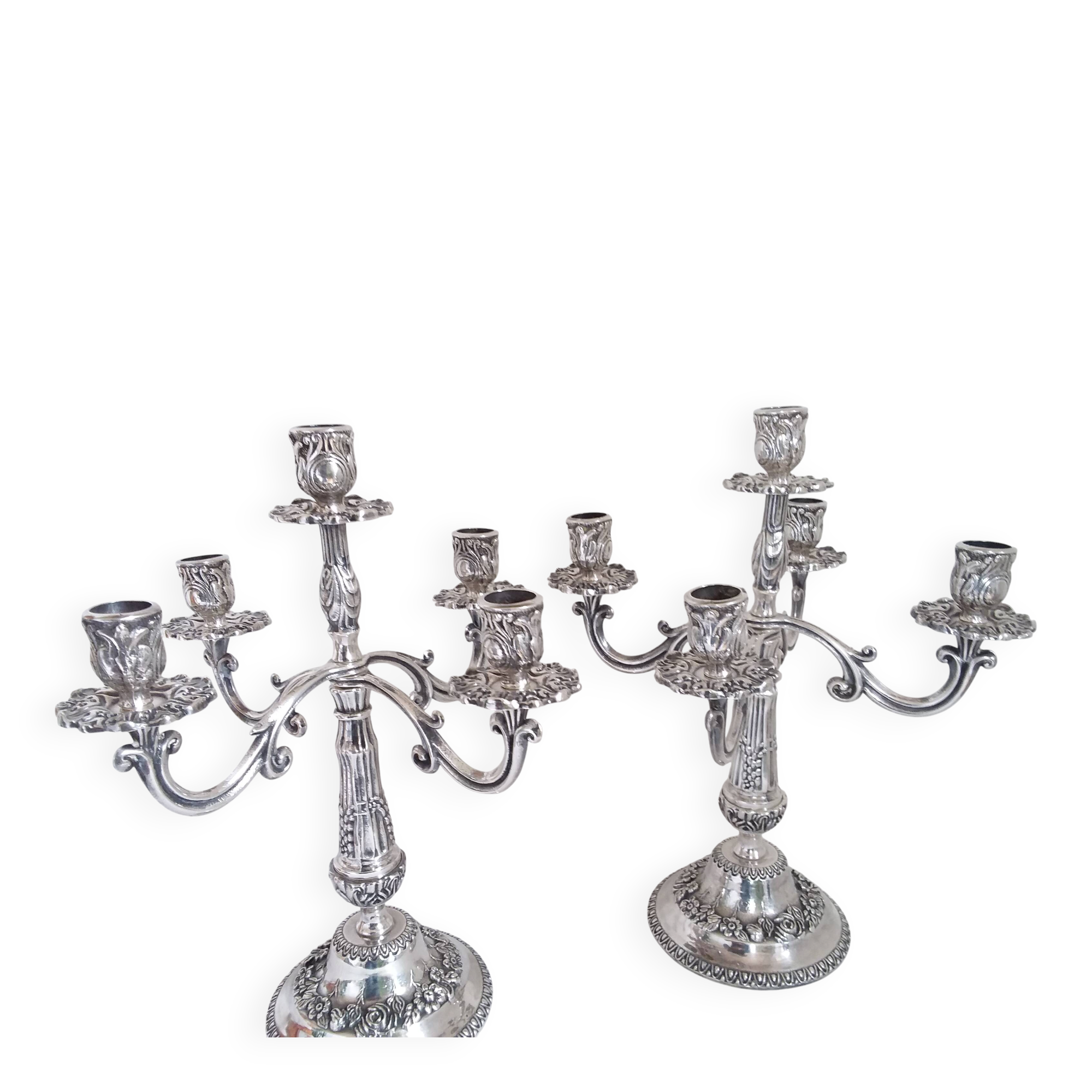 Pair of silver-plated bronze candelabra with 5 light arms.