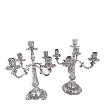 Paire de candélabres en bronze argenté à 5 bras de lumières