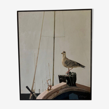 Huile sur toile par Emmanuel Duguet "goeland à l'avant d'un bateau", XXème s.