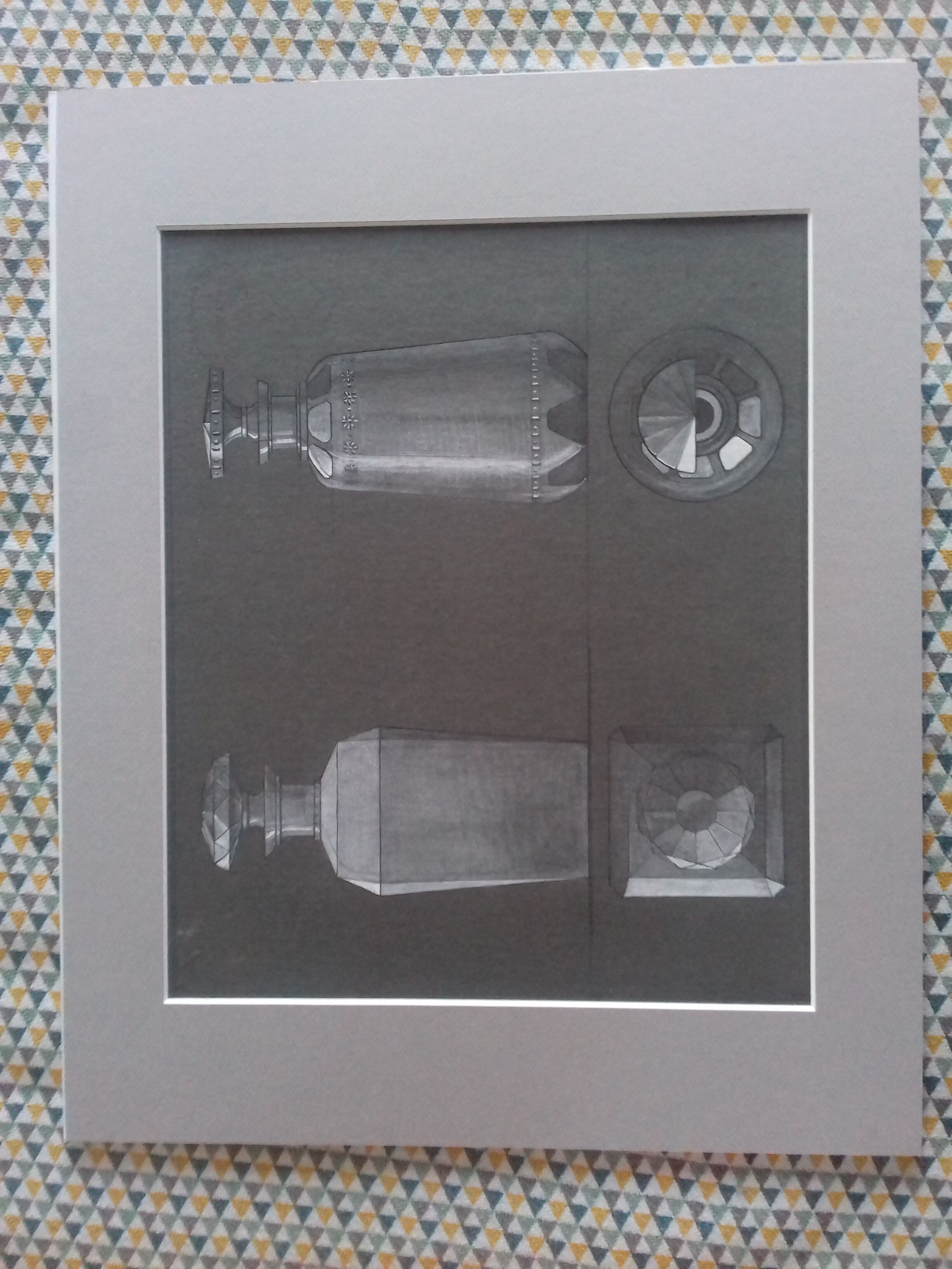 Gouache study of 2 decanters. National School of Decorative Arts circa 1910 on grey paper