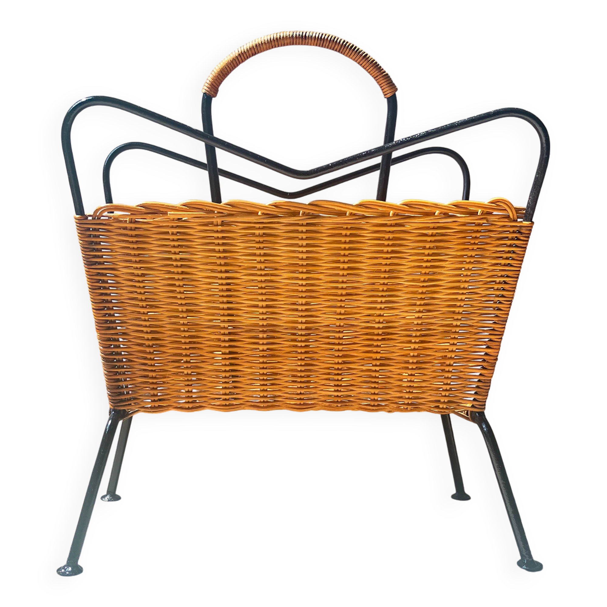 Vintage wicker and metal magazine rack 1970