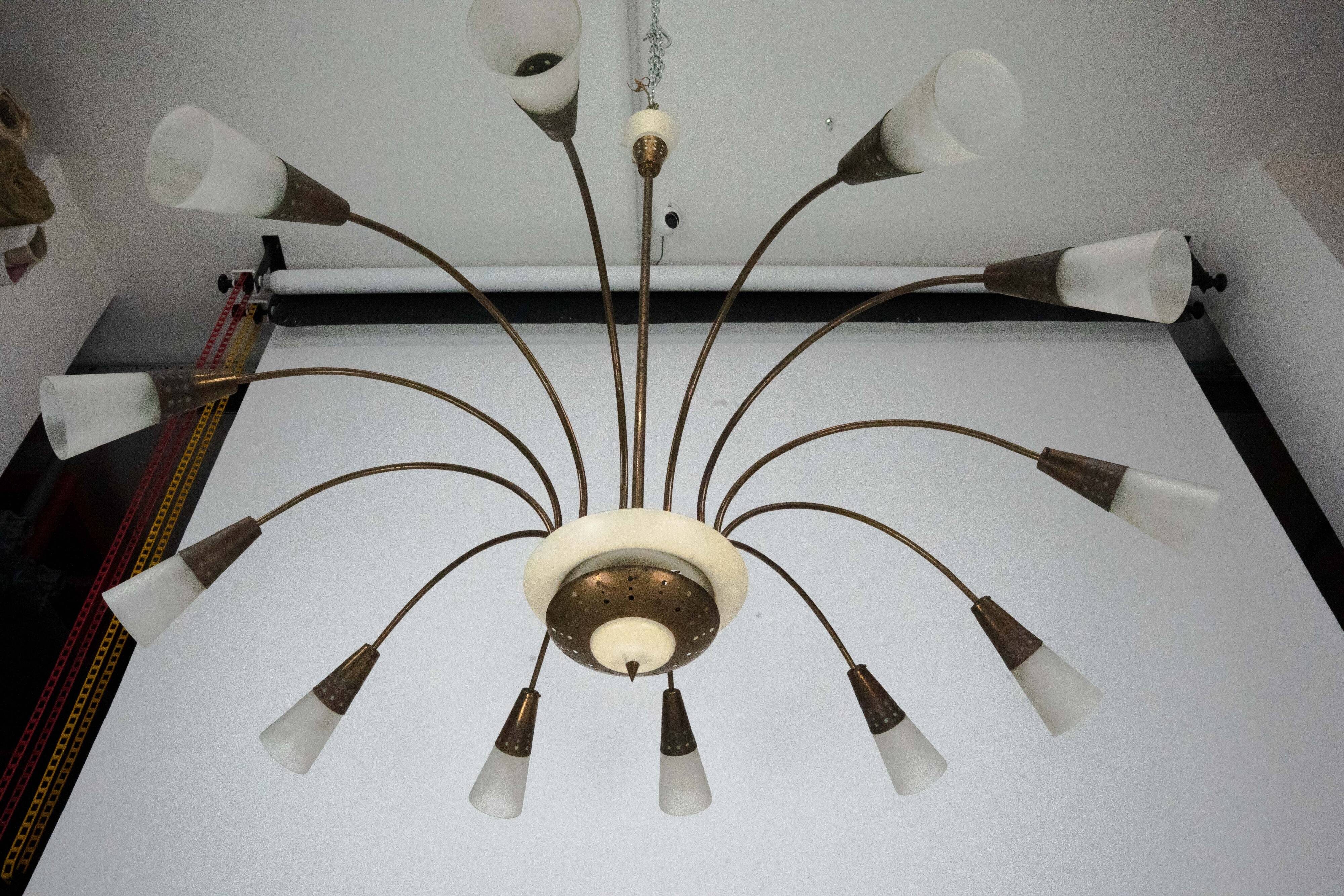 Large Italian Mid-Century Sputnik Brass Chandelier with Satin Glass, 1950s