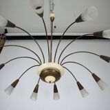 Large Italian Mid-Century Sputnik Brass Chandelier with Satin Glass, 1950s
