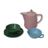 Coffee service consisting of a pink earthenware coffee maker melitta and two cups in vintage faience 50