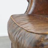Large Vintage English-Style Sheepskin Leather Wingback Armchair