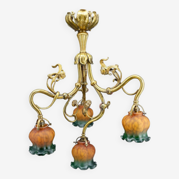 Lustre art nouveau en bronze doré, france, circa 1890