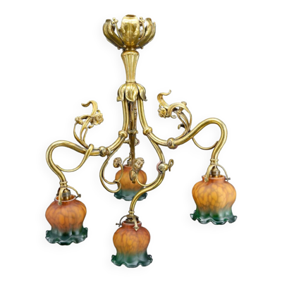 Lustre art nouveau en bronze doré, france, circa 1890