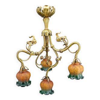 Lustre art nouveau en bronze doré, france, circa 1890