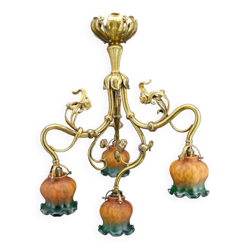 Art nouveau chandelier in gilt bronze, france, circa 1890