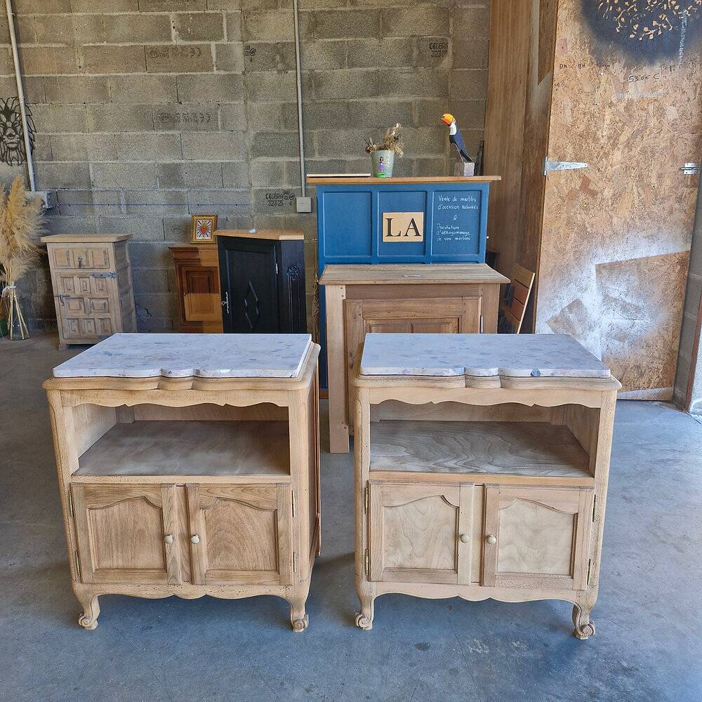 2 antique bedside tables made of solid wood and marble – sandblasted