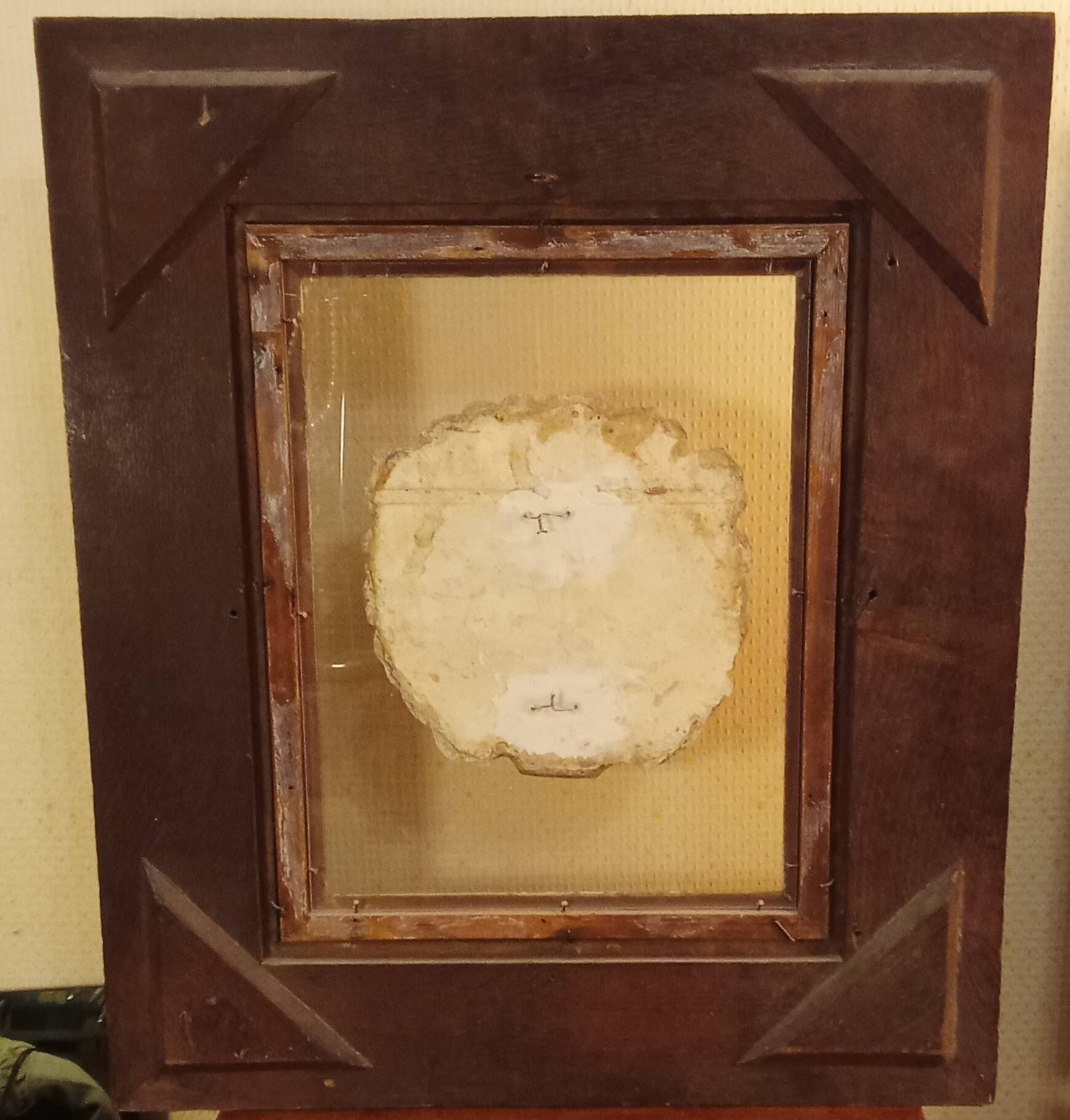 Antique gilded frame with stone lion head ornament on plexiglass