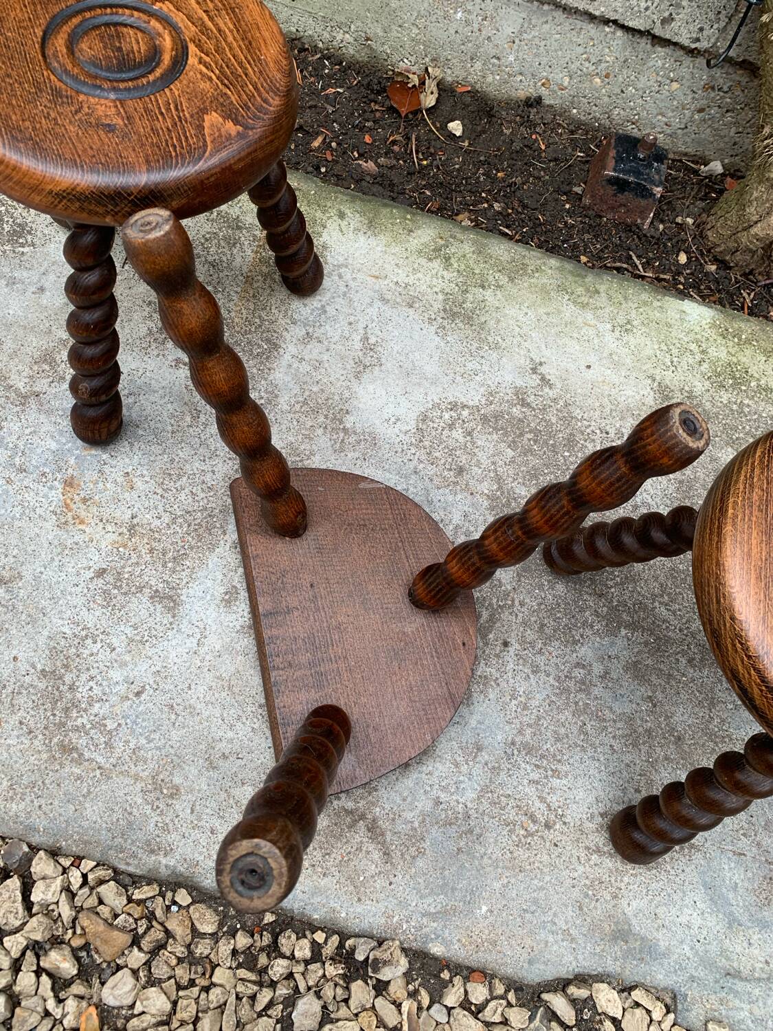 3 vintage turned wood stools