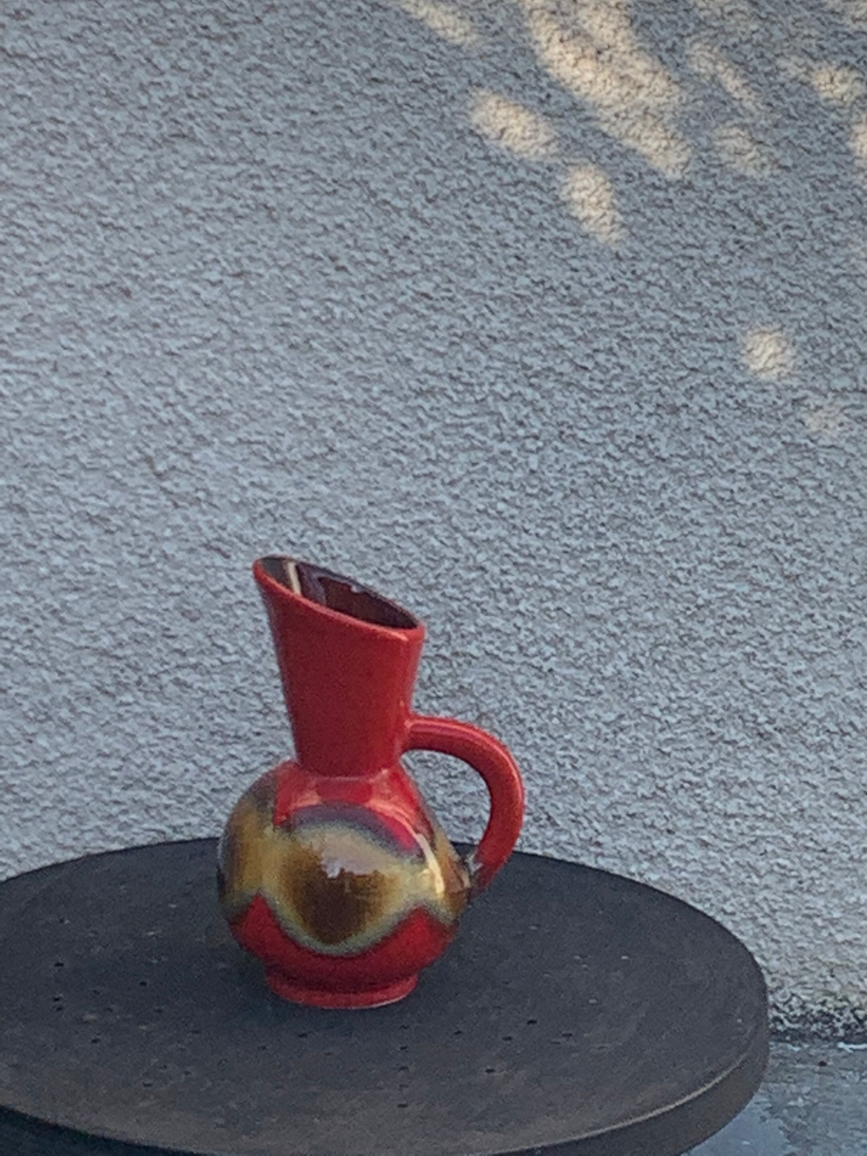 Red and beige glazed ceramic jug, pitcher, carafe, designer and vintage
