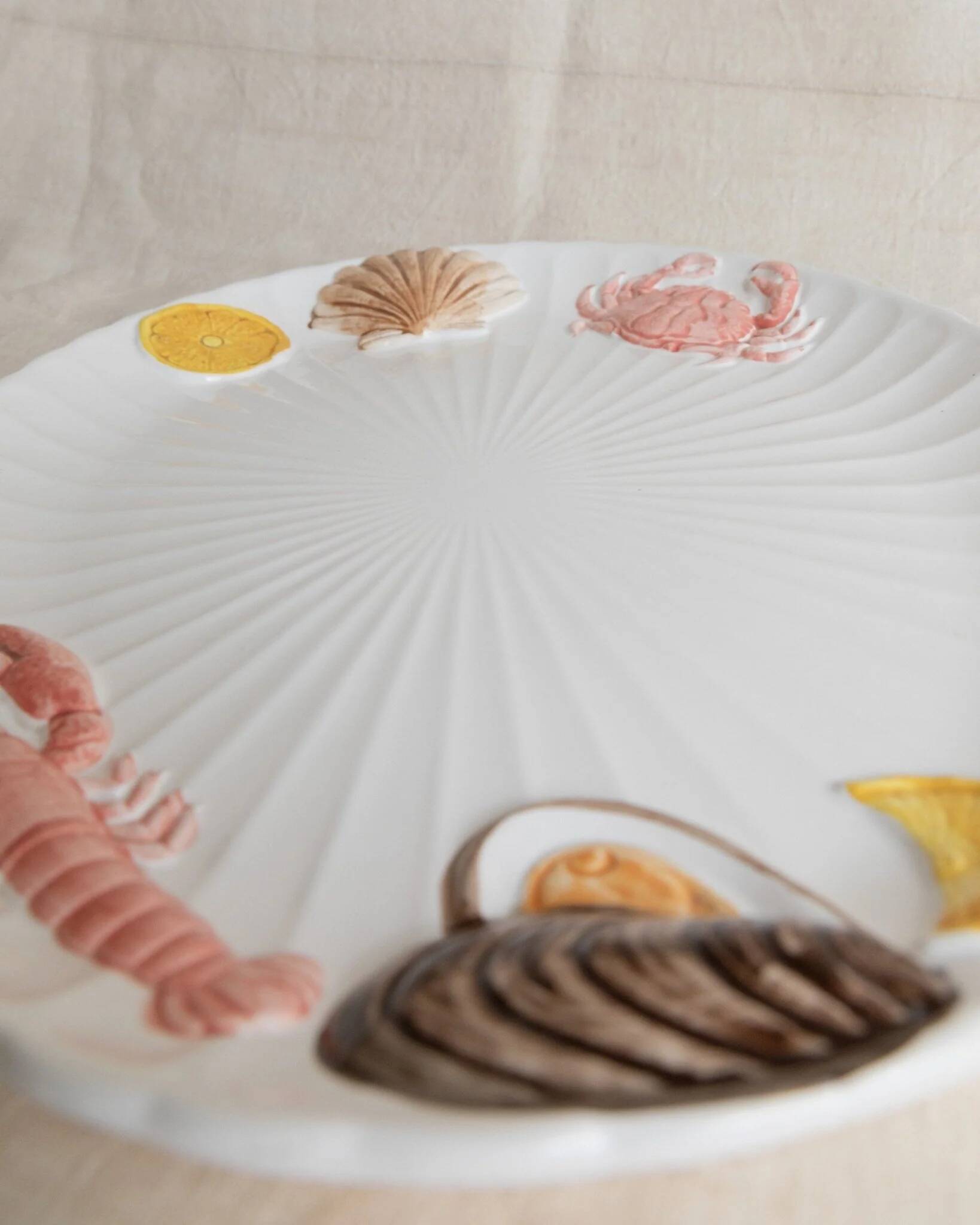 XL White Ceramic Oval Seafood Plate, 1980s Japan, Hand-Painted Relief, Vintage Decor