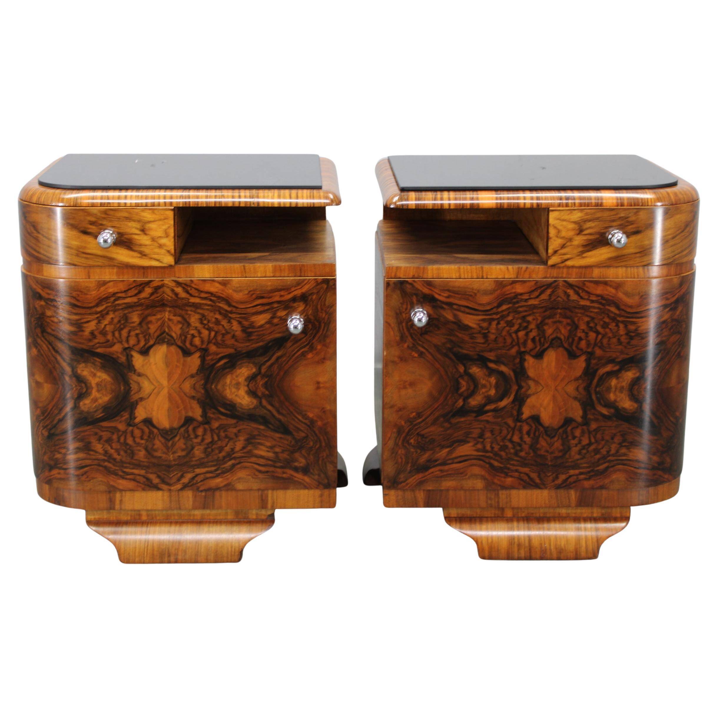 Pair of Art Deco walnut bedside tables from the 1930s.