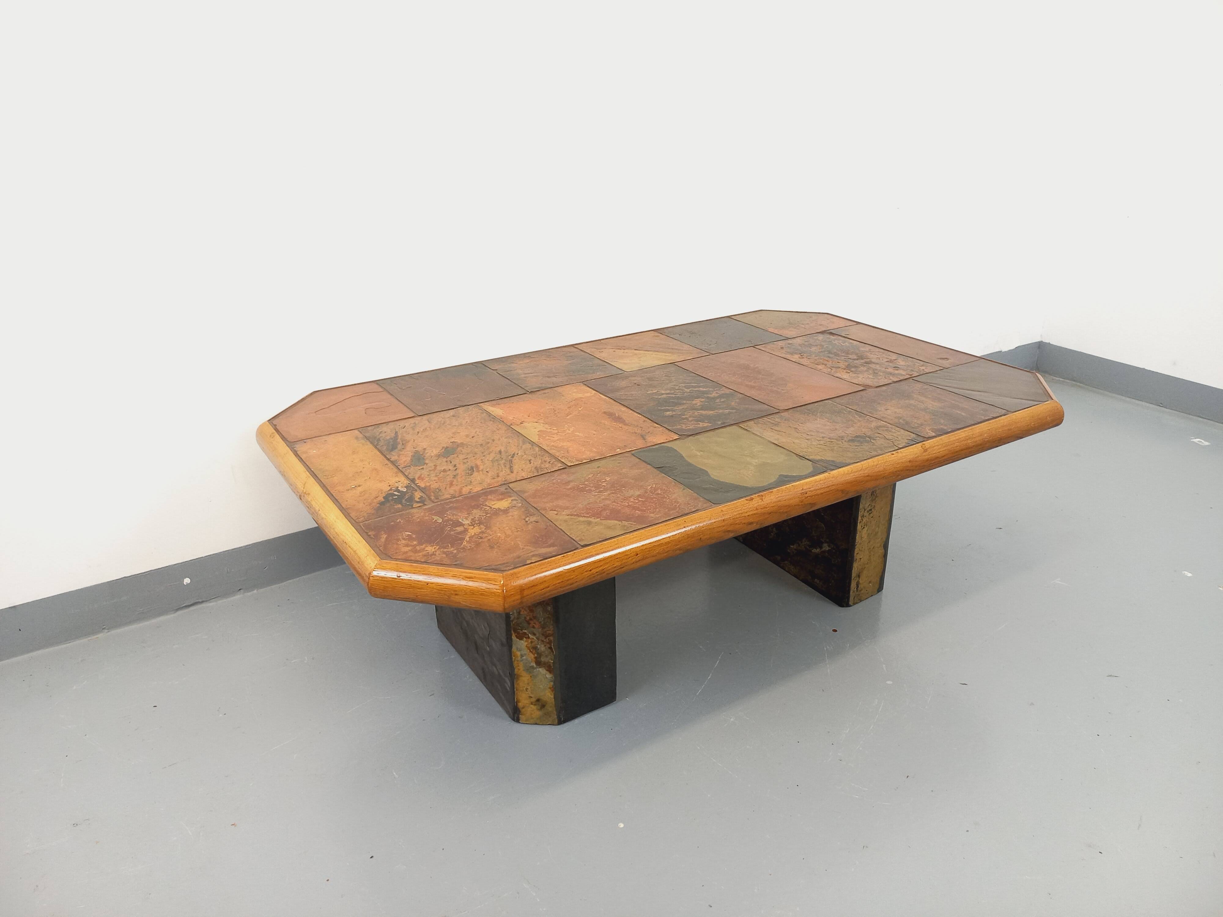 Vintage Brutalist Stone and Oak Coffee Table from the 70s 80s
